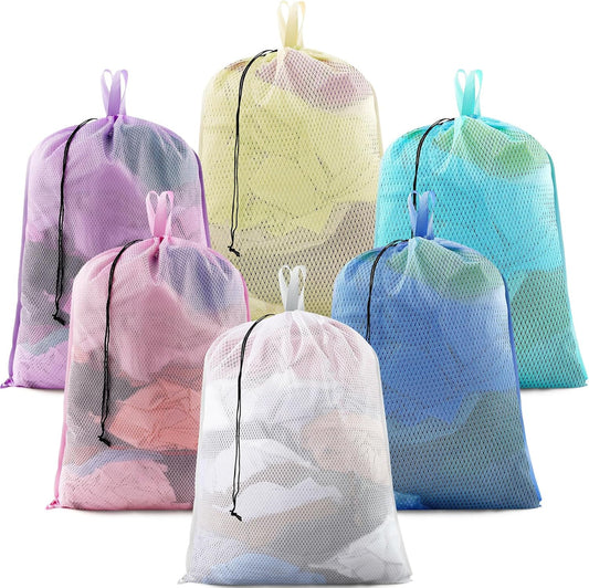 6 Pack 24 x 36 Inches Colorful Mesh Laundry Bag with Handles Machine Washable Secure Drawstring Closure Large Sturdy Mesh Net Laundry for College Travel Dorm Laundromat