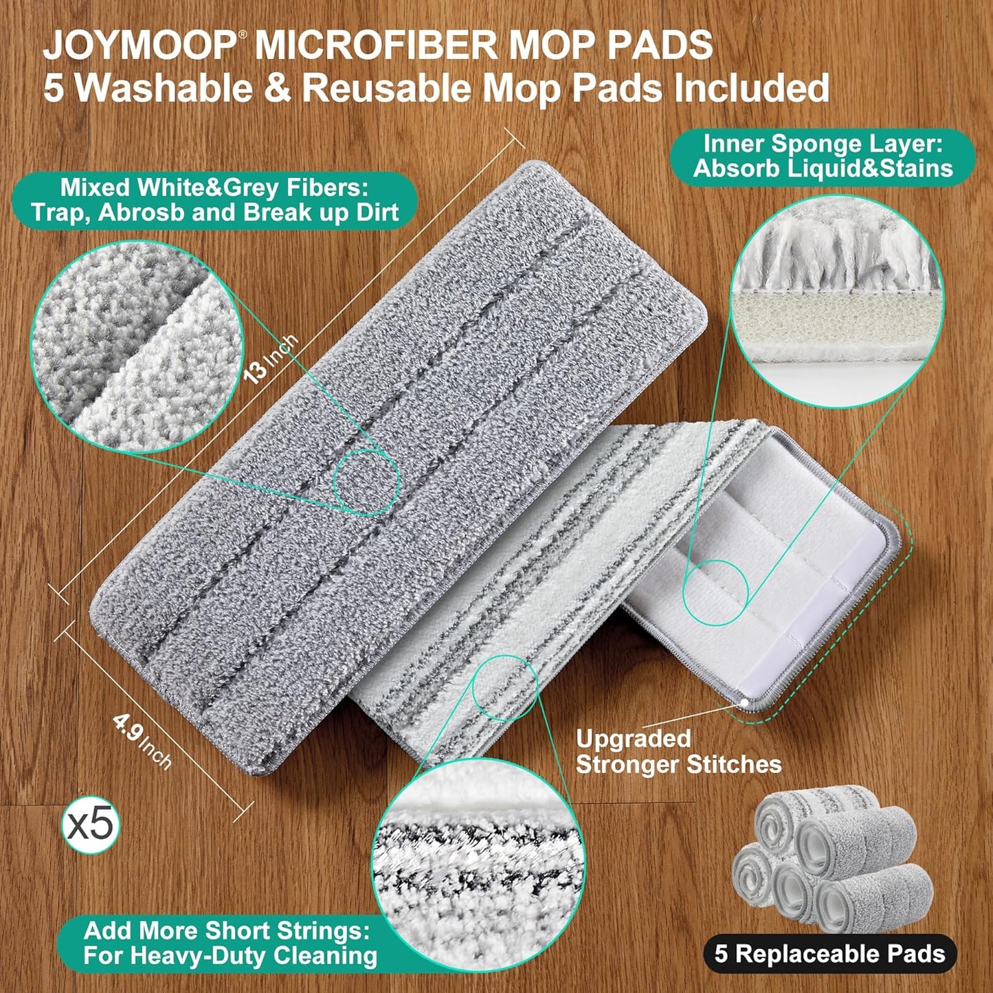 JOYMOOP Mop and Bucket with Wringer Set, White Flat Squeeze Mop Bucket Set for Floor Cleaning, Wet Dry Mops for Walls, Wall Cleaner with Long Handle, Hardwood Floor Mop-5 Microfiber Cloths