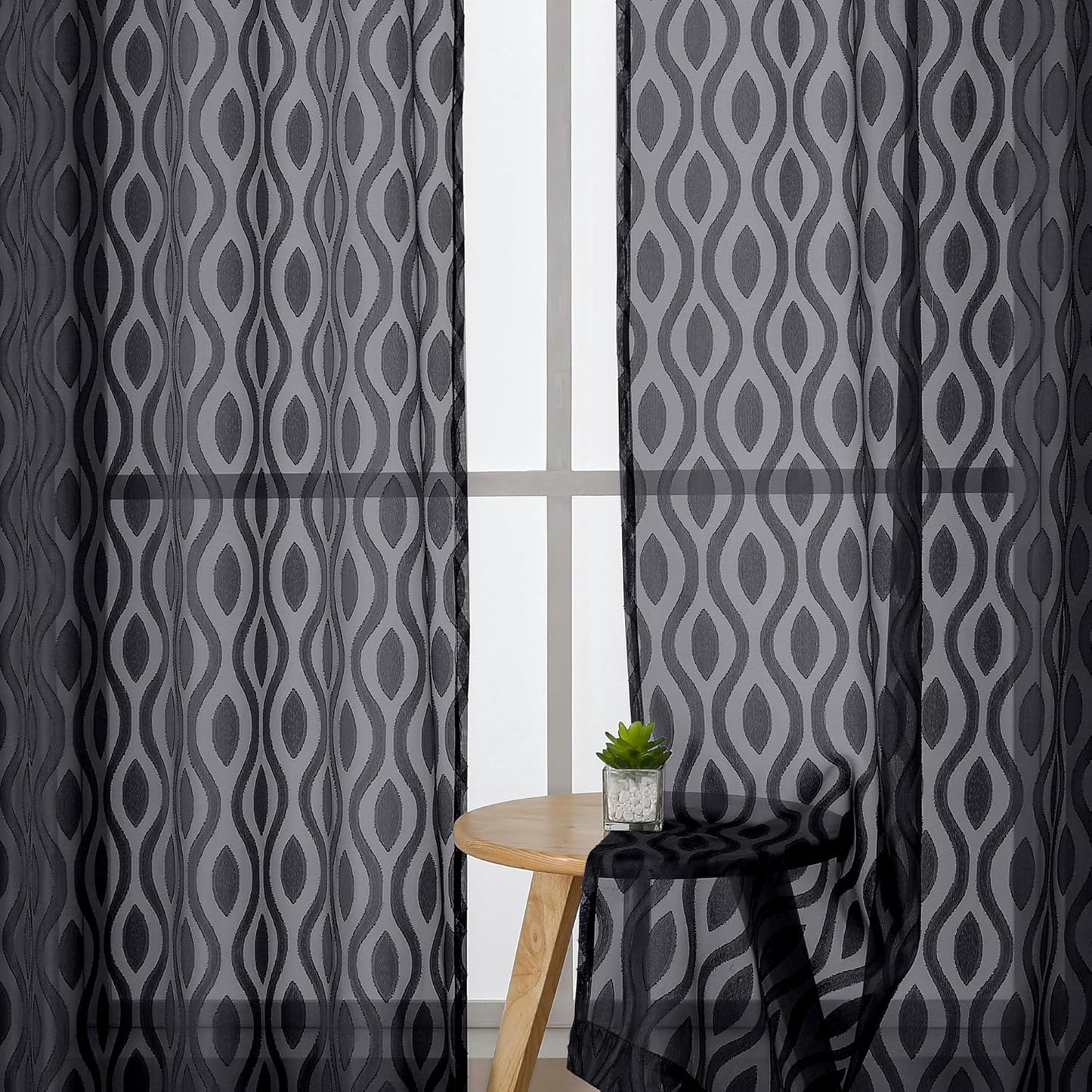 Aiyufeng Black Sheer Curtains Tiers 36 Inch Length 2 Panels Set, Airy Lightweight Clip Jacquard Small Window Curtains, Modern Wavy Line Textured Voile Sheer Curtains for Small Windows, 40"Wx36"L Inch