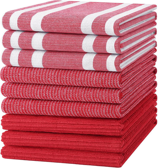 Homaxy Premium Kitchen Towels(18”x 28”, 9 Pack), Large Cotton 380 GSM Kitchen Hand Towels, Soft and Absorbent Terry Dish Towels, Multipurpose Tea Towel Set with Hanging Loop, Red