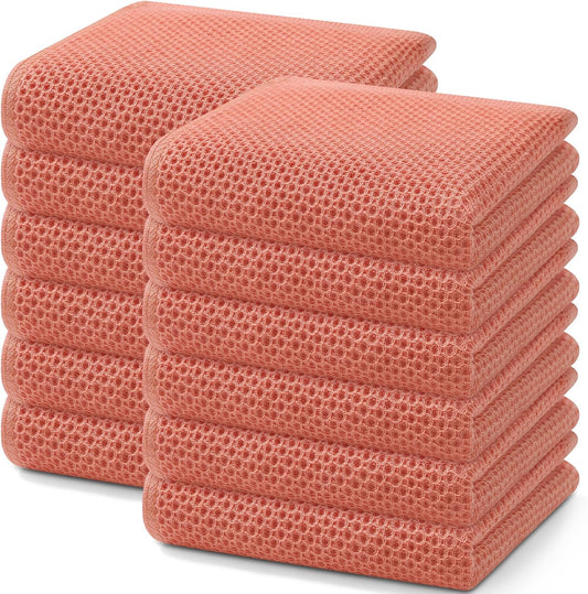Homaxy 100% Cotton Waffle Weave Kitchen Dish Towels, Ultra Soft Absorbent Quick Drying Cleaning Towel, 13 x 28 Inches, 12-Pack, Coral
