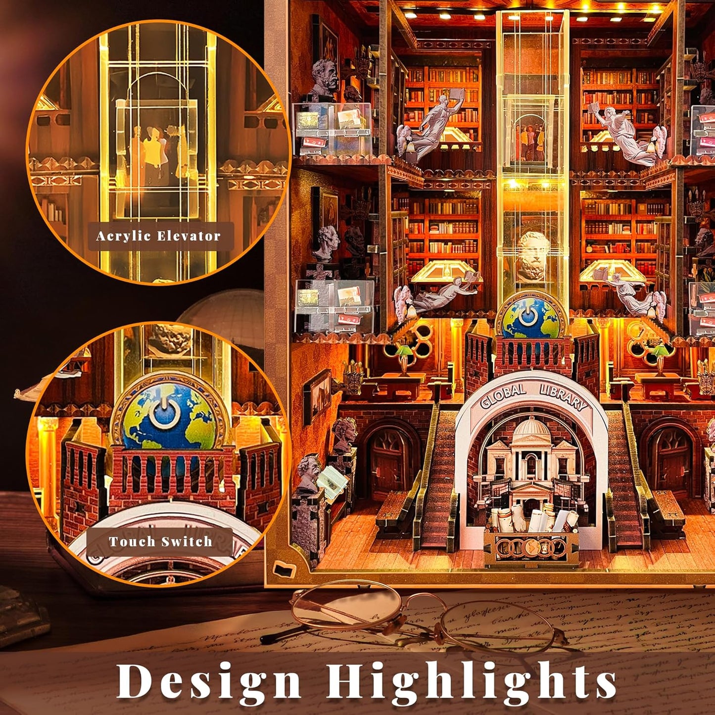 Book Nook Kit, Global Library Booknook with LED Light, DIY Miniature Dollhouse, Dual Power Options (Battery/Type-C), Unique Bookshelf Decor, Gift for Adults and Teens