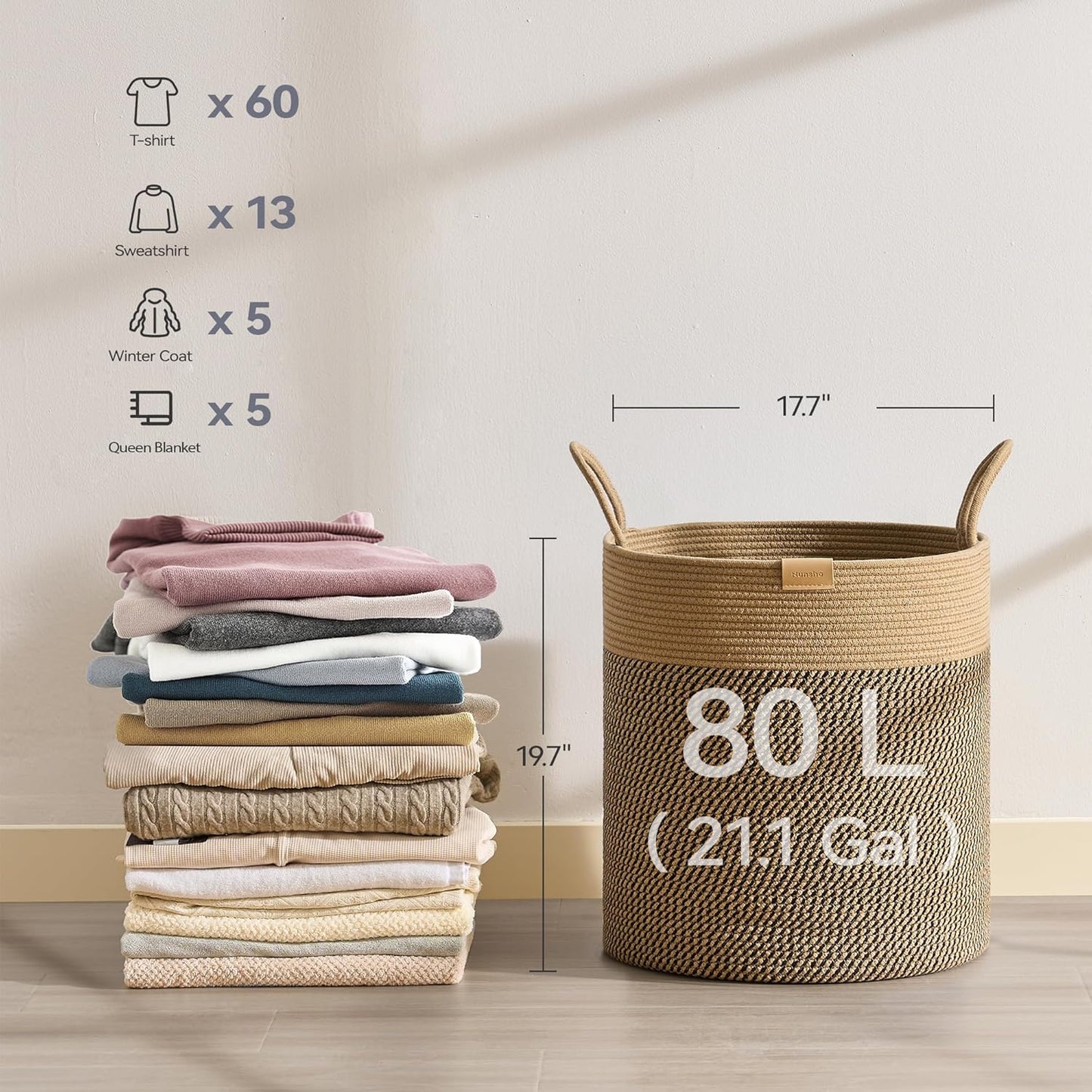 80L Laundry Hamper Basket,Baby Nursery Woven Storage Basket for Toys Bin,Pillows,Blankets,Clothes,Dark&Brown