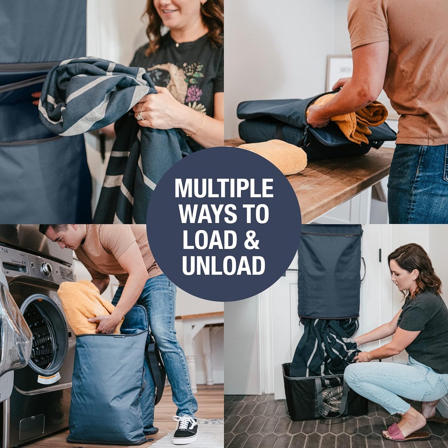 CleverMade Convertible Laundry Hamper Bag - Ocean Dark Charcoal holds 43L / 40 lbs 2 Compartments - Storage with Handles for Home Organization