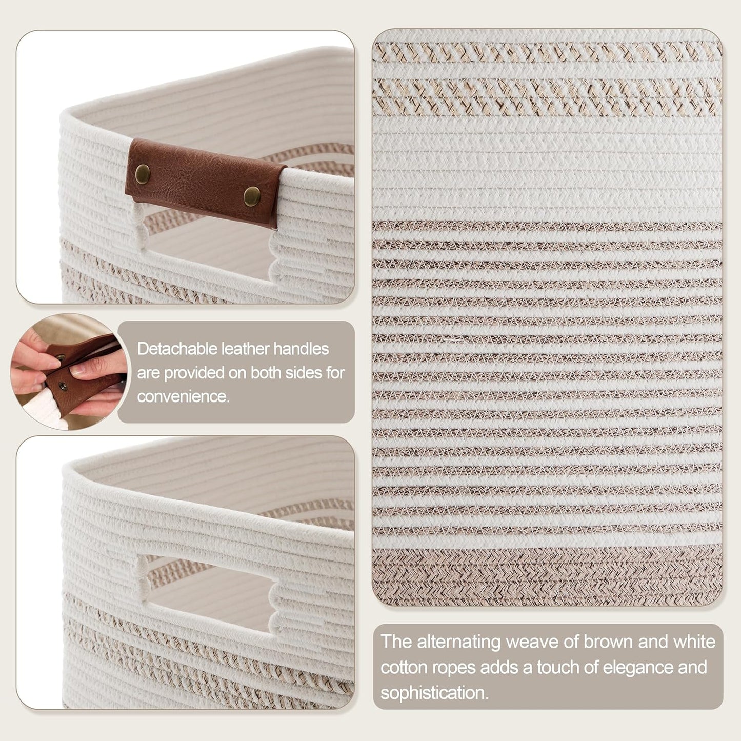 85L Tall Laundry Hamper with Handles for Living Room Storage, Extra Large Woven Rope Baskets Bin for Blanket, Kids Toy, Gifts, Wicker Hamper for Bedroom Dirty Clothes, 17"x14"x22" White Brown