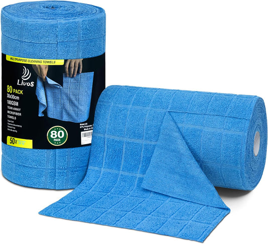 LIVOS Microfiber Cleaning Cloth Roll - 80 Pack, Reusable Paper Towels, Microfiber Towels for Cars, Super Absorbent Lint Free Cleaning Rags for House, Kitchen, Window-Check Blue, 11.5"x11.5"