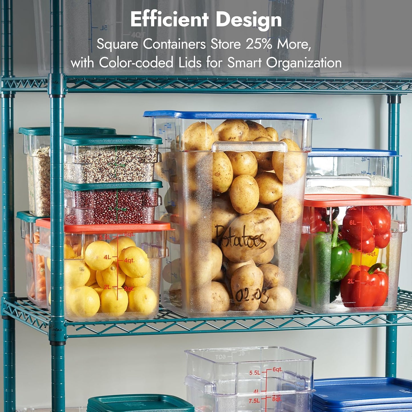 CURTA 4 Pack Food Storage Containers with Blue Lids - NSF Listed Commercial Grade in 22.0 Qt - Square, Clear, Polycarbonate