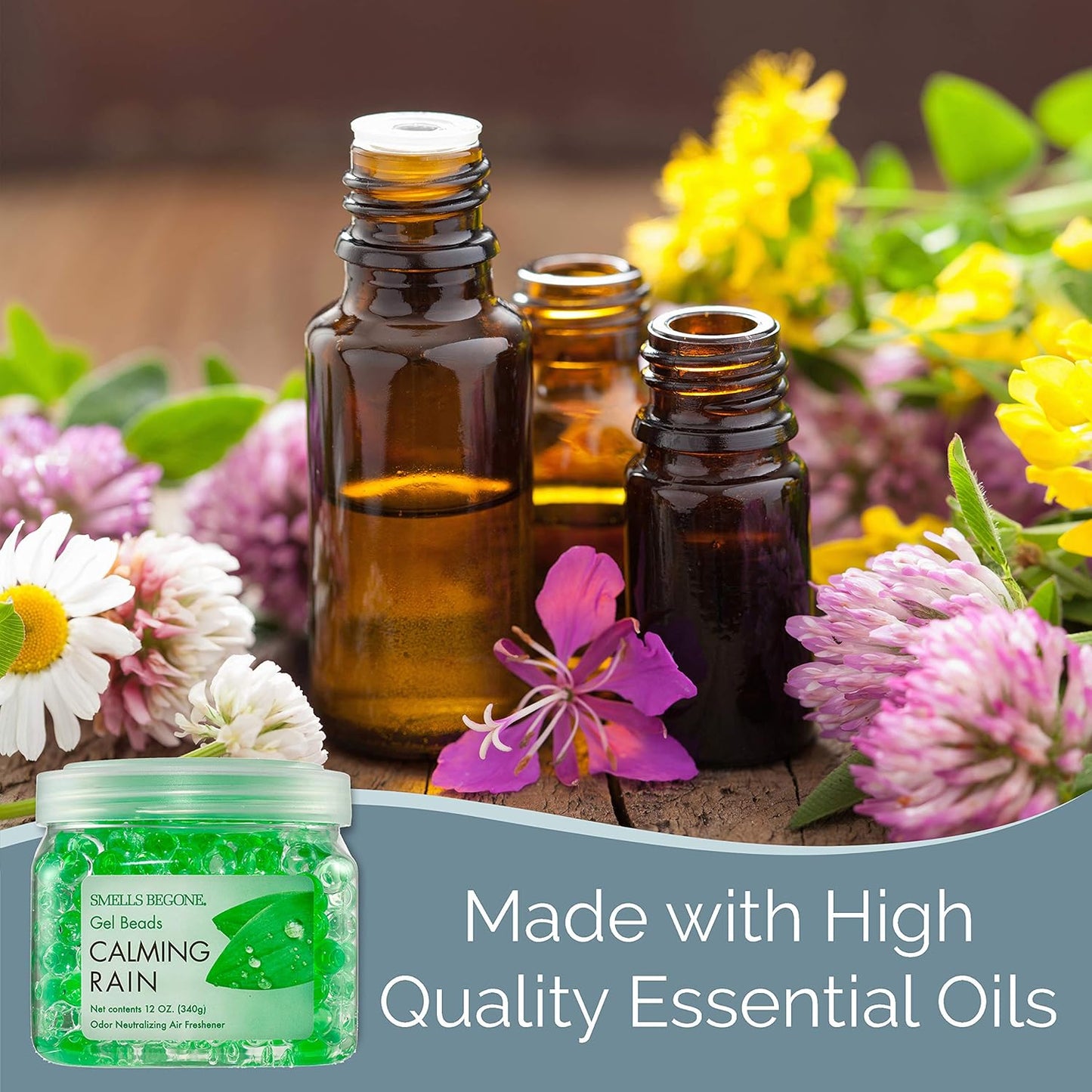 SMELLS BEGONE Odor Eliminator Gel Beads - Air Freshener - Eliminates Odor in Bathrooms, Cars, Boats, RVs and Pet Areas - Made with Essential Oils - Calming Rain Scent - 12 Ounce