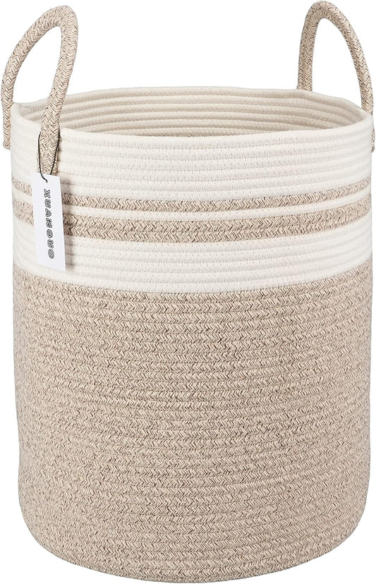 Cotton Rope Laundry Basket Hamper for Clothes Woven Storage Basket for Living Room Bedroom Boho Tall Rope Baskets for Blanket Toys Pillow Towels Baby Nursery Hamper Bin Large brown and white