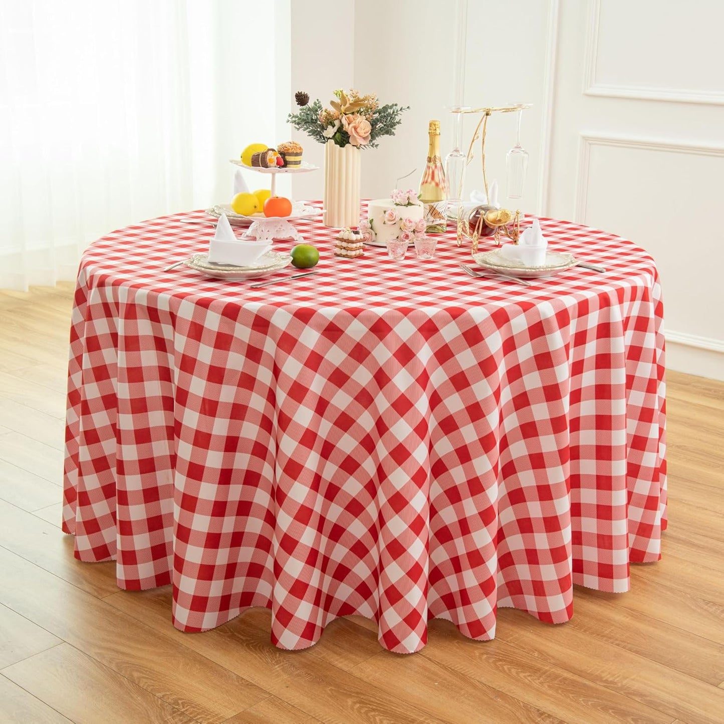 Waterproof Plaid Tablecloth Fabric - Round 120 Inch Classic Gingham Checker Table Cloth for Indoor/Outdoor Use - Buffalo Table Cover for Picnics, BBQs, and Parties