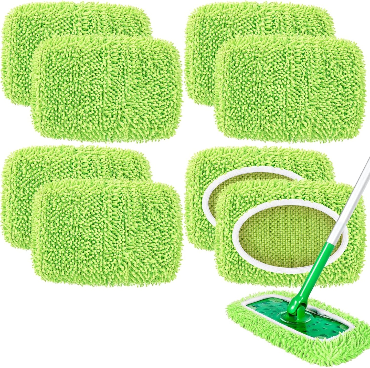 8 Pack Reusable Mop Pads Compatible with Swiffer Sweeper, Microfiber Chenille Washable Swiffer Mop Pads, Dry & Wet Sweeping Mopping Cloths (Green)