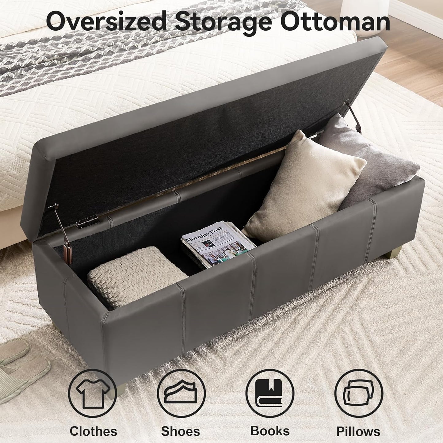 51" Faux Leather Storage Ottoman, Stitch Tufted Rectangle Upholstered End of Bed Storage Bench, Entryway Large Couch Ottoman with Wooden Legs,Dark Grey