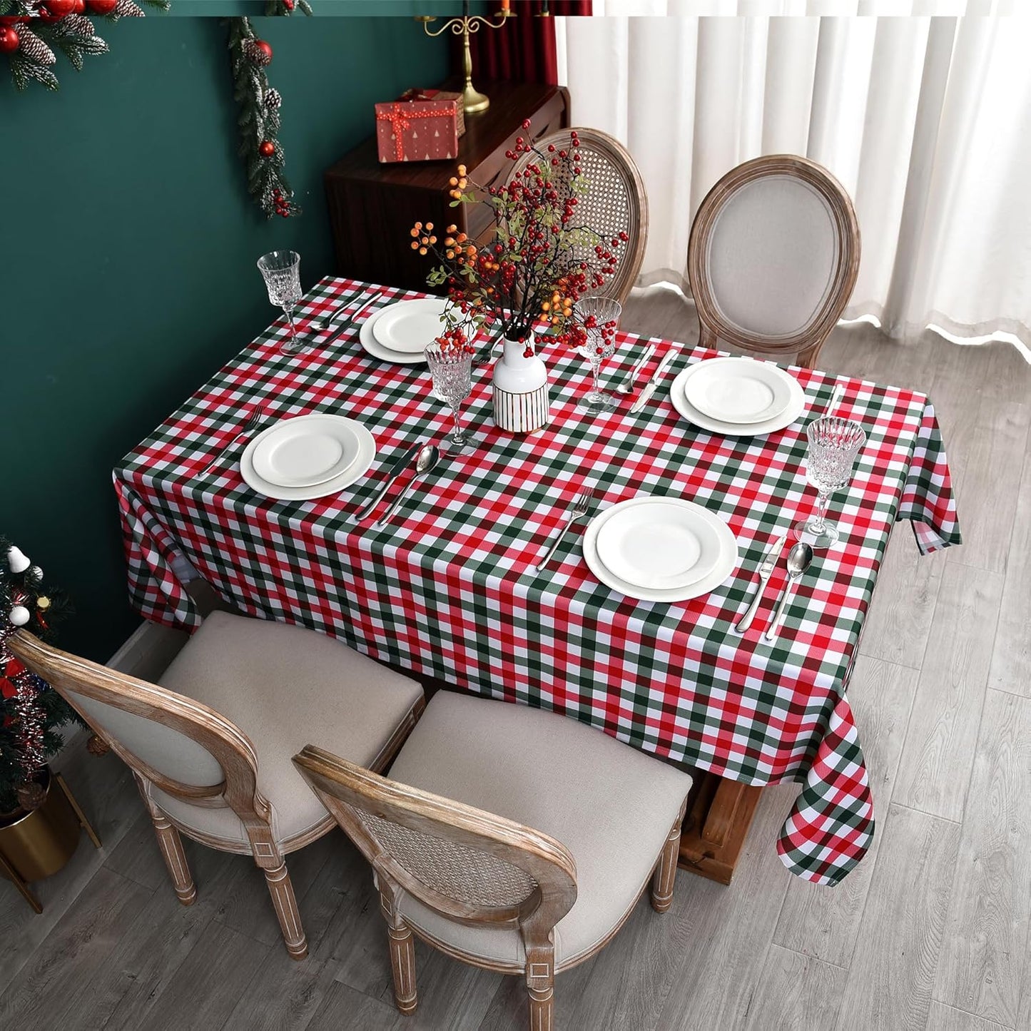 Gingham Xmas Tablecloth Fabric - Oblong 58x120 Water Resistant Christmas Plaid Table Cloth for Indoor/Outdoor Use - Red Tabletop Cover Perfect for Birthday, Picnics, Gardens