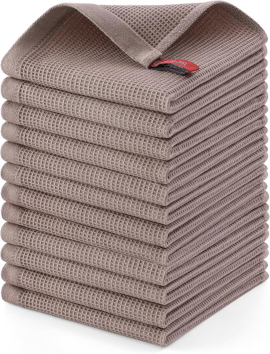 Homaxy 100% Cotton Waffle Weave Dish Cloths - 12 Pack Soft and Absorbent Dish Towels - 12 x 12 Inches Quick Dry Dish Rags - Brown