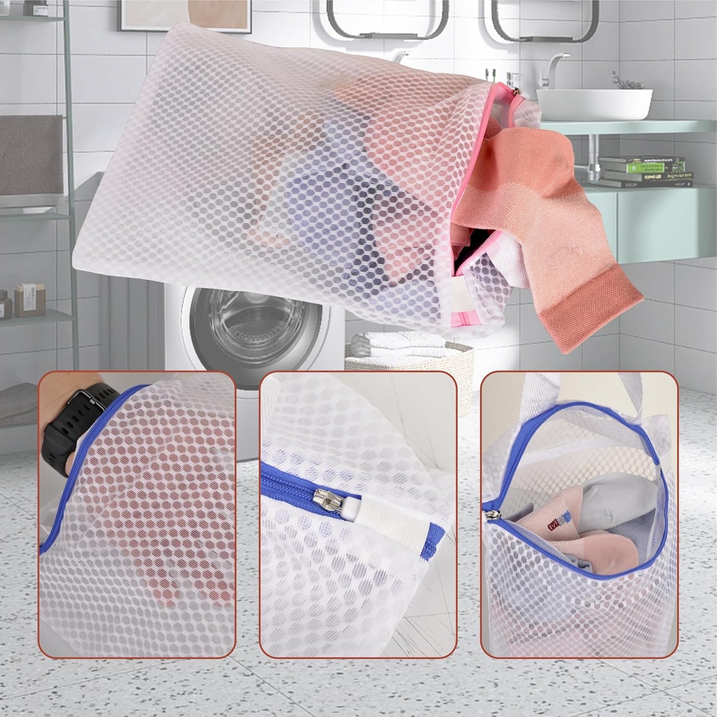3 Pack Hanging Mesh Laundry Bags with S Metal Hooks,10x12 Inch Hanging Socks Laundry Bags, for Washing Machine
