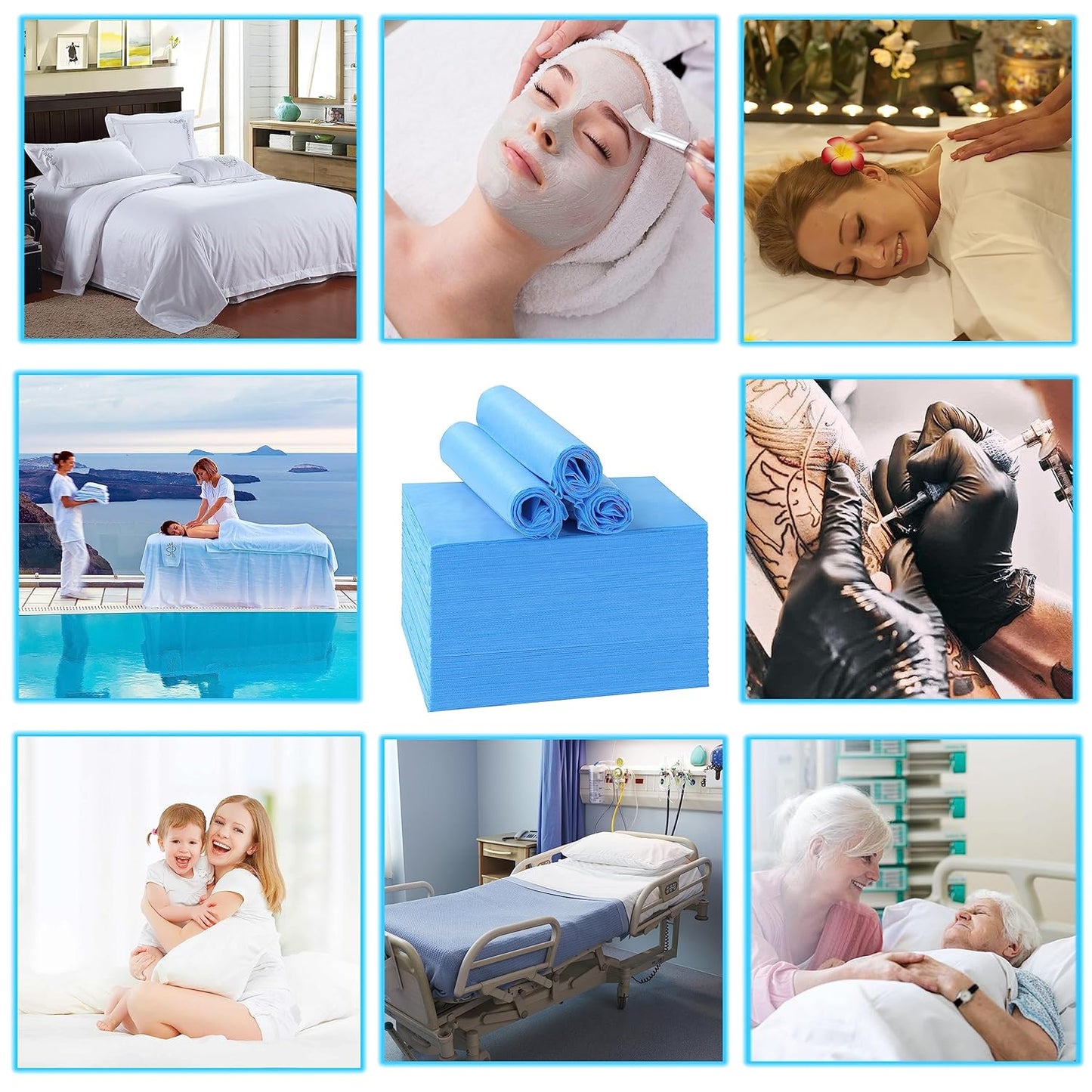 Disposable Bed Sheets for Massage Table 100 Pcs 31" x 71" Waterproof Massage Table Sheets Soft Non Woven Fabric SPA Massage Table Bed Cover Breathable for Beauty Tattoos Waxing Travel (Blue)
