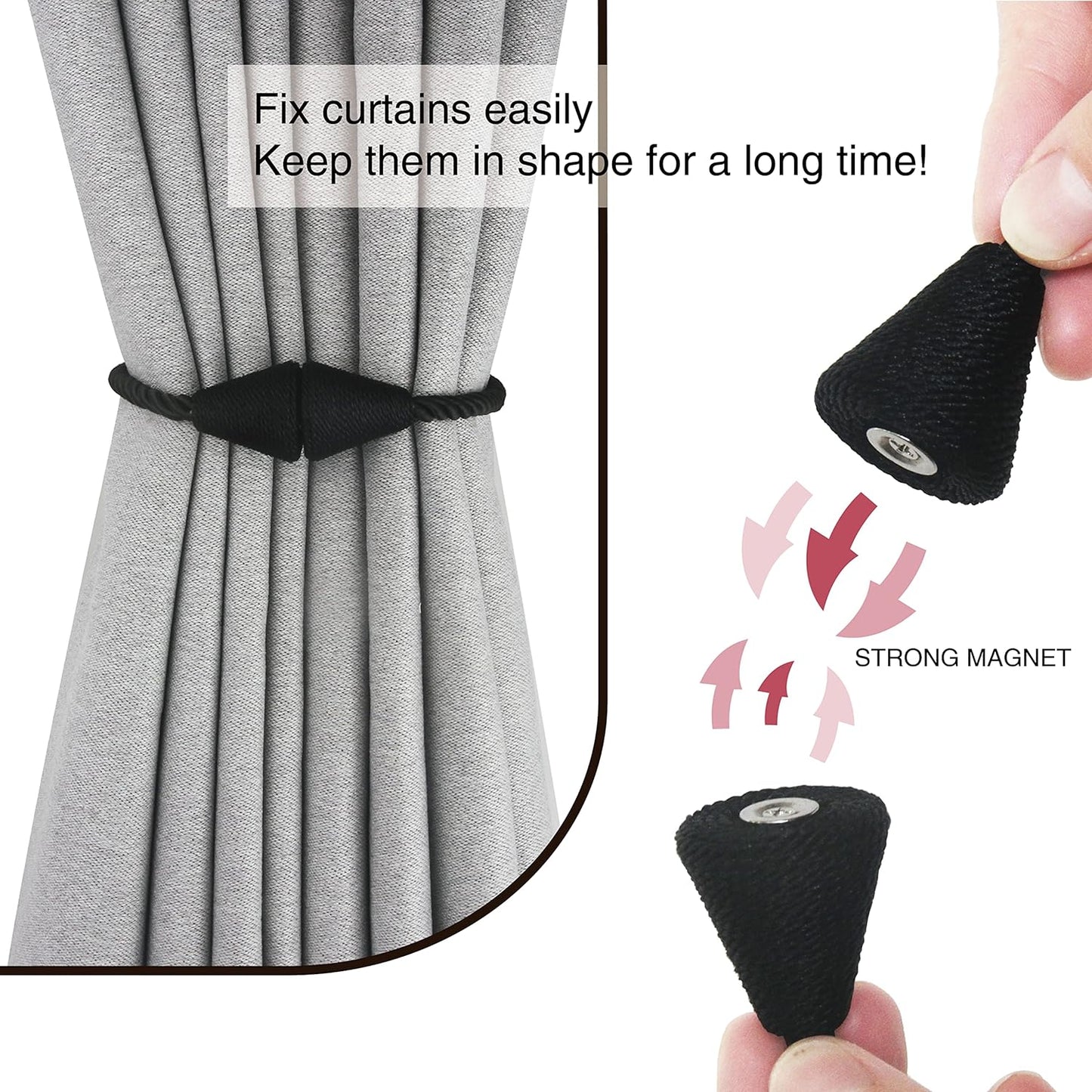 6 Pack Magnetic Curtain Tiebacks Rope Modern Handmade Curtain Tie Backs Decorative Drapes Weave Holdbacks for Window Décor, Black