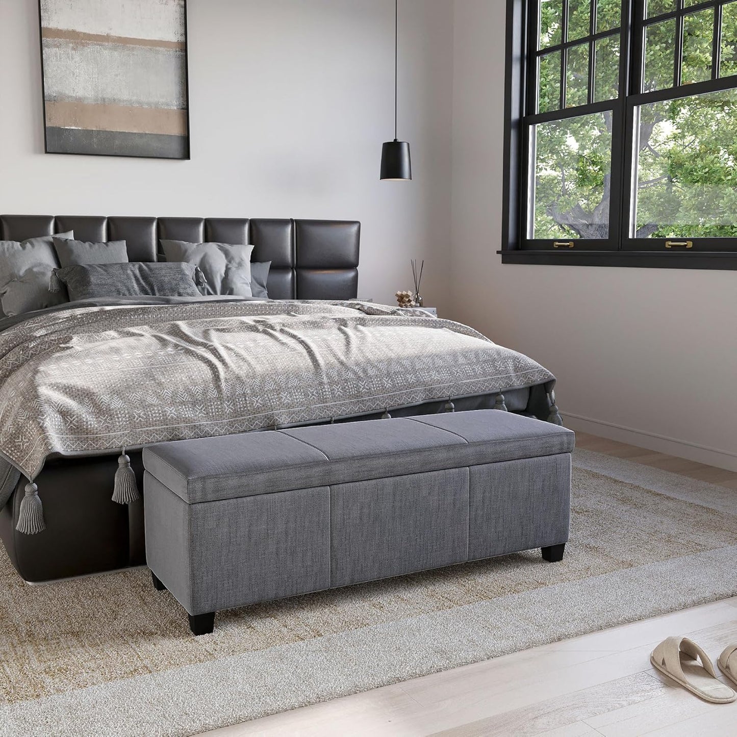 BELLEZE Storage Ottoman, 47 Inch Bench Bedroom Bench with Safety Close Hinge, Extra Long Ottoman with Storage for Living Room, Entryway, Hallway, Foot Rest, Support 300lbs - Gray