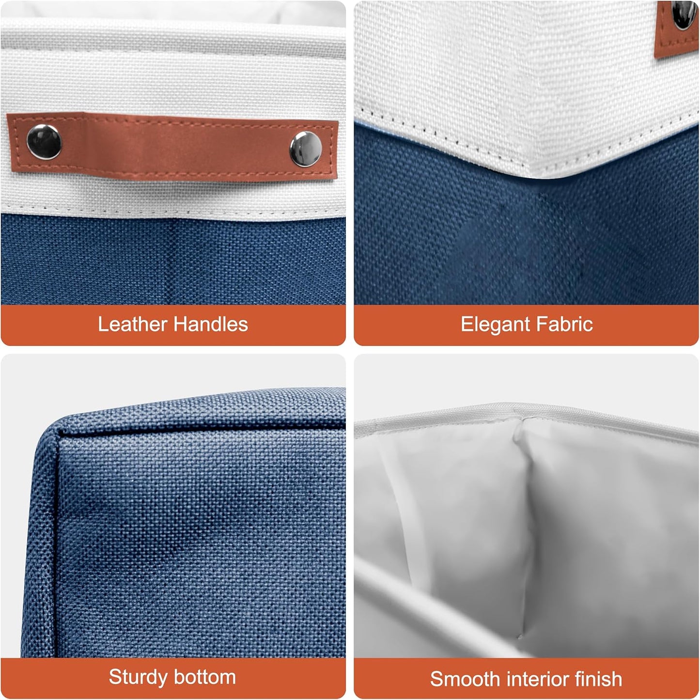 13in Open Fabric Storage Basket with Leather Handles for Organizing, Collapsible Linen Closet Bins for Shelves, Closets, Laundry, Decorative Basket for Gifts. (White＆Blue, 2PCS/13x13in)