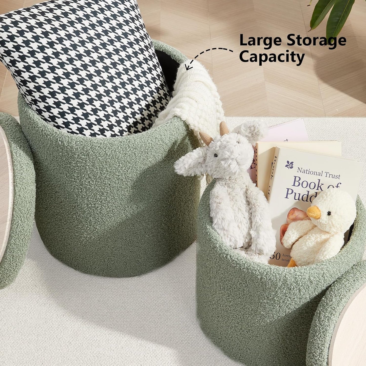 Boucle Round Ottoman with Storage Set of 2,Small Foot Stool Ottoman for Living Room,Small Coffee Table, Vanity Stool with Storage for Bedroom, Green