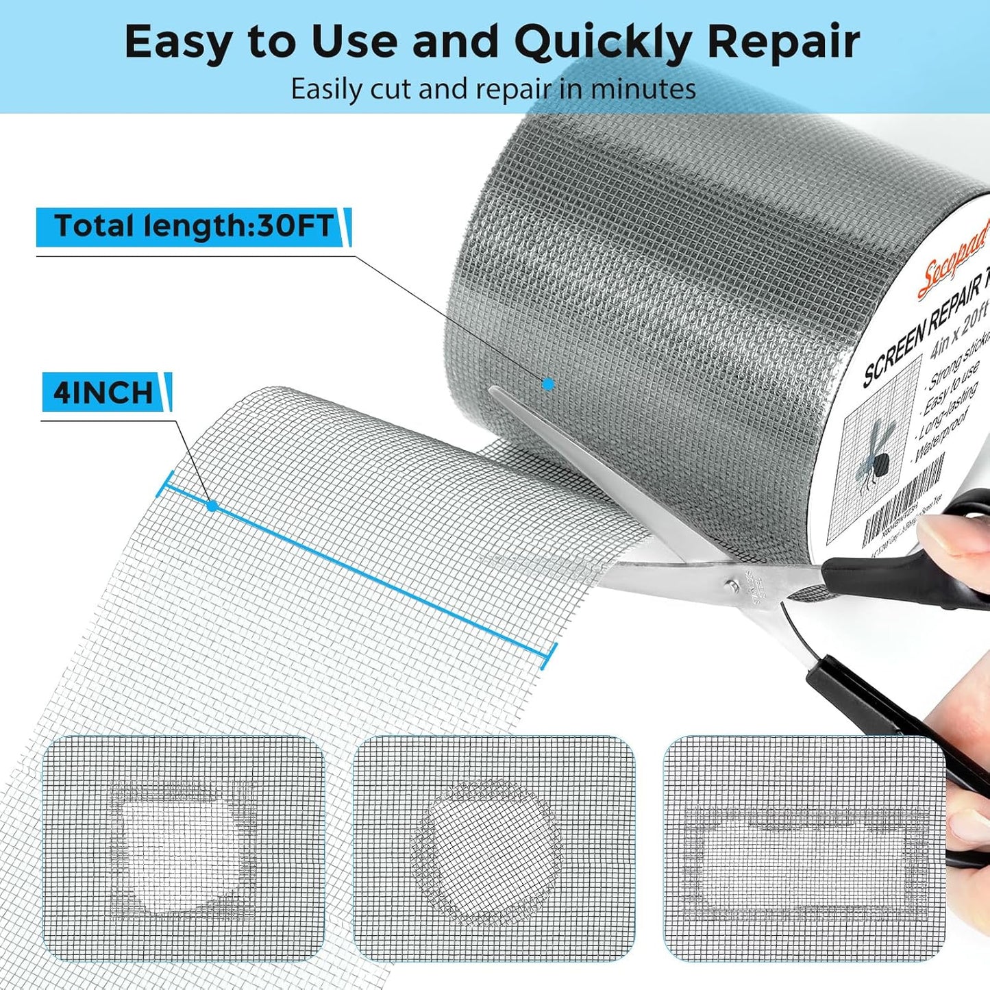 Grey Window Screen Repair Tape, 4IN X 20FT (240IN) Screen Repair Kit for Windows or Doors, Strong Adhesive Patch Kit Fiberglass Mesh Tape