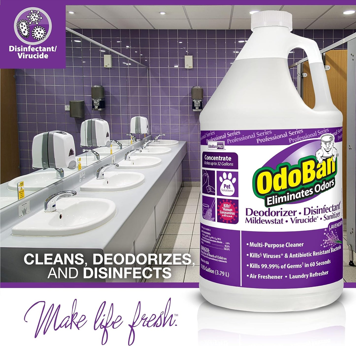 OdoBan Professional Disinfectant and Odor Eliminator Concentrate, Made in the USA, Lavender Scent, 2-Pack, 1 Gallon Each