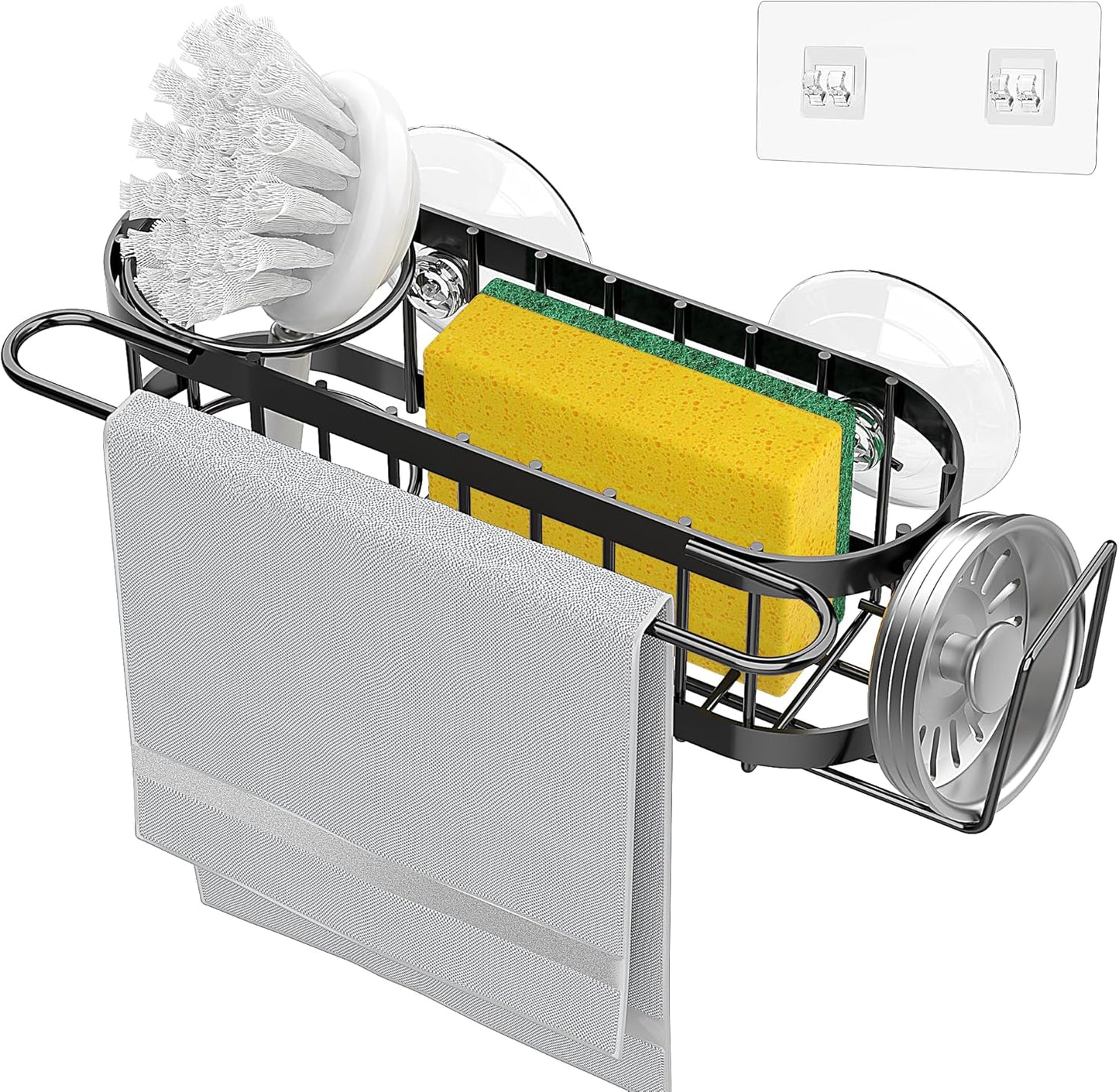 Cisily Kitchen Sink Caddy Sponge Holder in The Sink, Stainless Steel Kitchen Sink Organizer, Brush Holder, Dish Cloth Hanger, Sink Stopper Holder with 2 Installation Ways (Suction & Adhesives