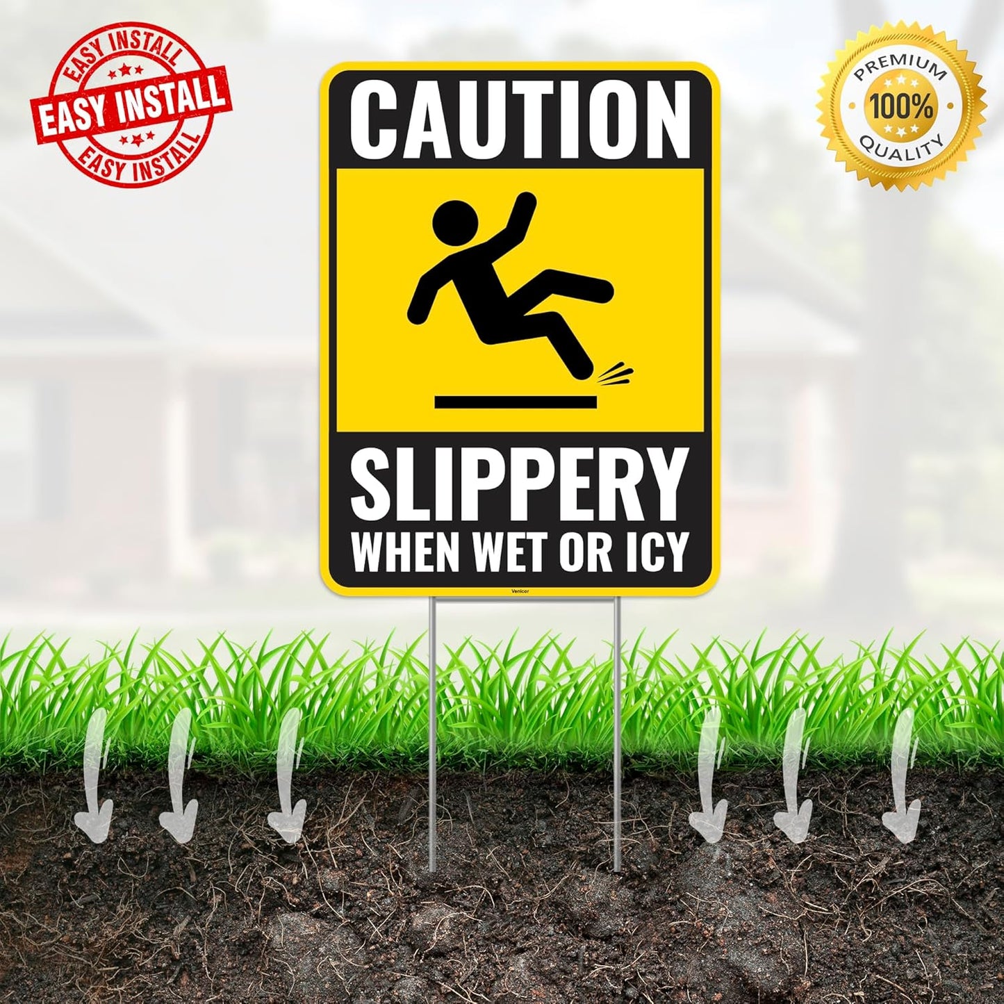 2PC Caution Slippery When Wet Or Icy Sign with Metal Stakes, 12 Inches by 9 Inches - Corrugated Plastic