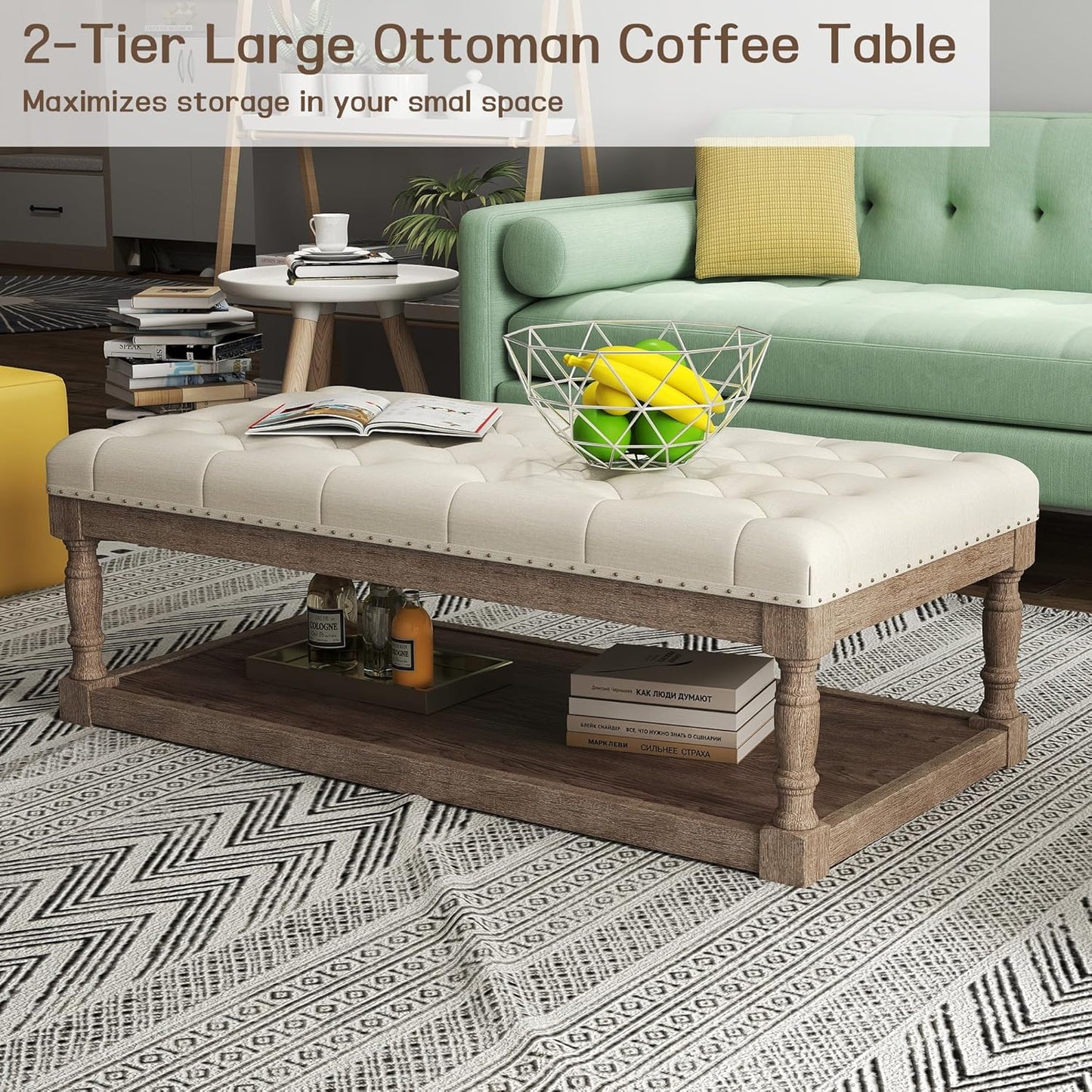 48" Large Ottoman with Storage Coffee Table, Upholstered Tufted Linen Ottoman Bench with Solid Wood Shelf for Living Room, Bedroom, Holds 250lbs (Ivory)