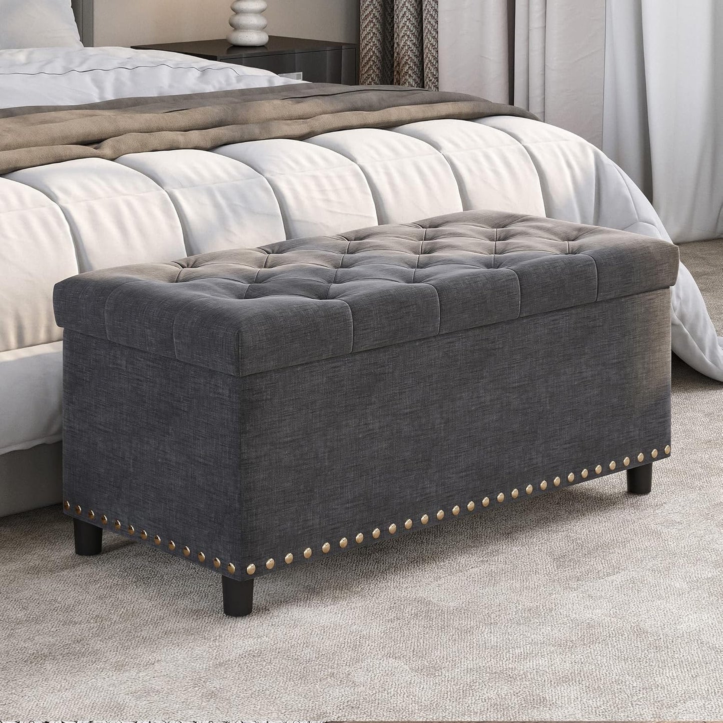 BELLEZE 35" Tufted Ottoman, Storage Bench with Safety Close Hinge, Ottoman with Storage for Living Room, Entryway, Hallway, Foot Rest, Support 300lbs - Dark Grey