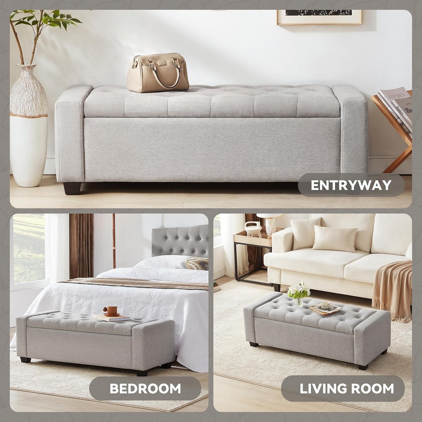 48" Ottoman with Storage, Large Storage Ottoman Bench for Bedroom with Safety Hinge, Upholstered Window Benches, End of Bed Bench for Living Room, Entryway Bench with Seating, LightGray