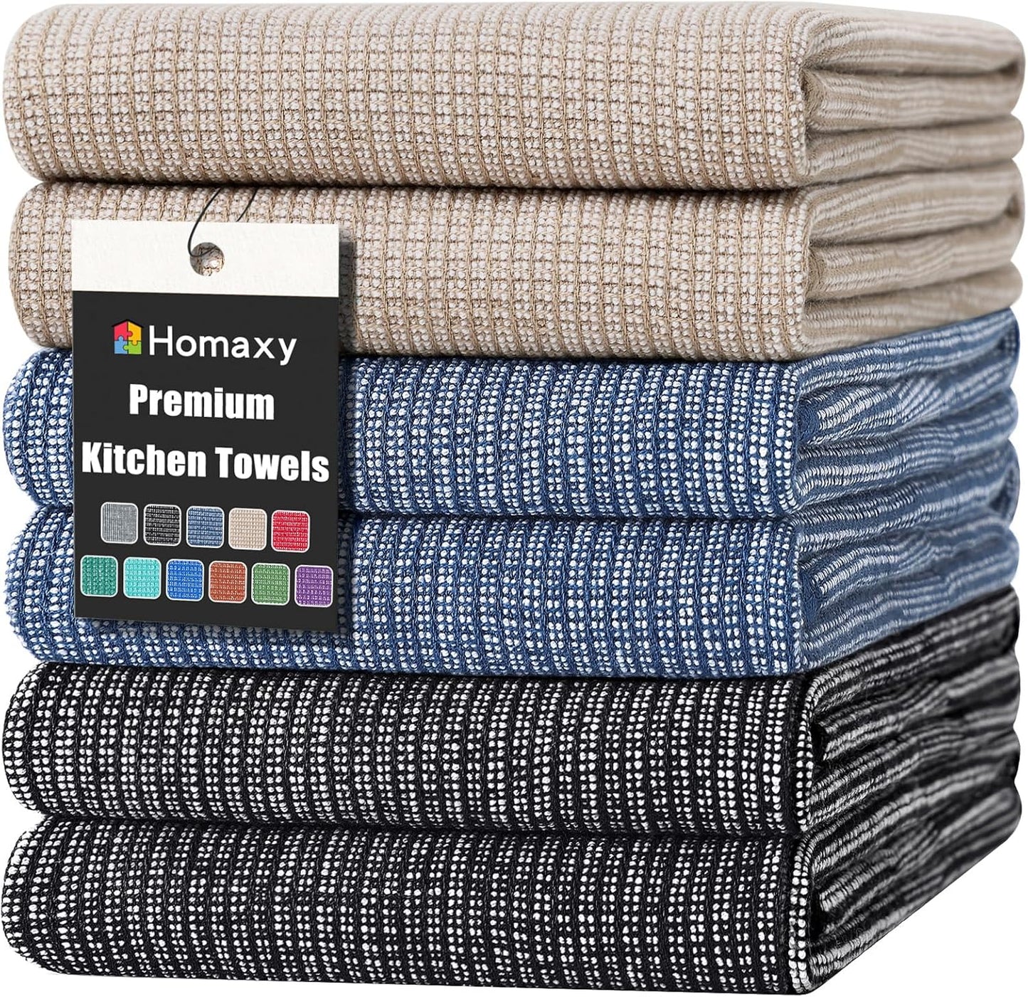 Homaxy Premium Kitchen Towels(18”x 28”, 6 Pack), Large Cotton Kitchen Hand Towels, Flat and Terry Dish Towels, 380 GSM Highly Absorbent Tea Towel Set with Hanging Loop, Navy Blue/Khaki/Black