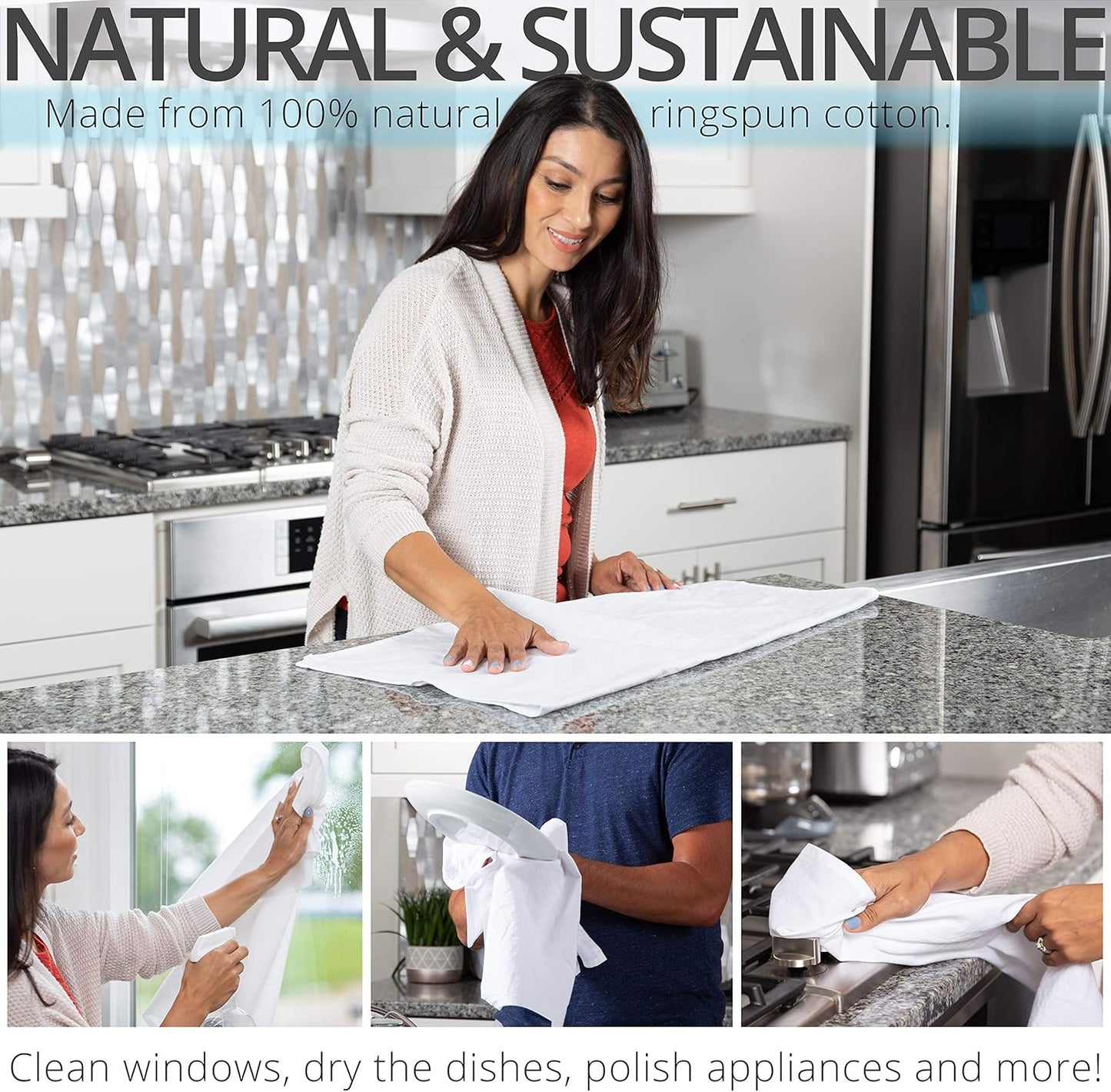 Aunti Em's Kitchen Flour Sack Dish Towels - Natural Cotton for Embroidery and Drying Glass, Hand, Dinnerware - Plain, Thick, Zero-Lint, Highly Absorbent - Set of 12, 27 x 27 Inch, Navy Blue