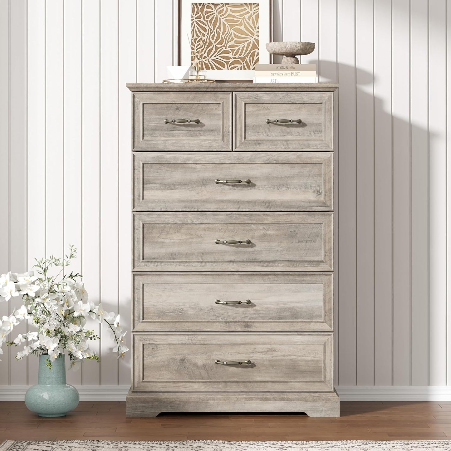 6 Drawer Dresser for Bedroom, 49" Tall Wooden Chest of Drawers, Rustic Farmhouse Dresser with Large Drawers & Metal Handles, Modern Storage Organizer for Closet, Living Room, Hallway, Grey