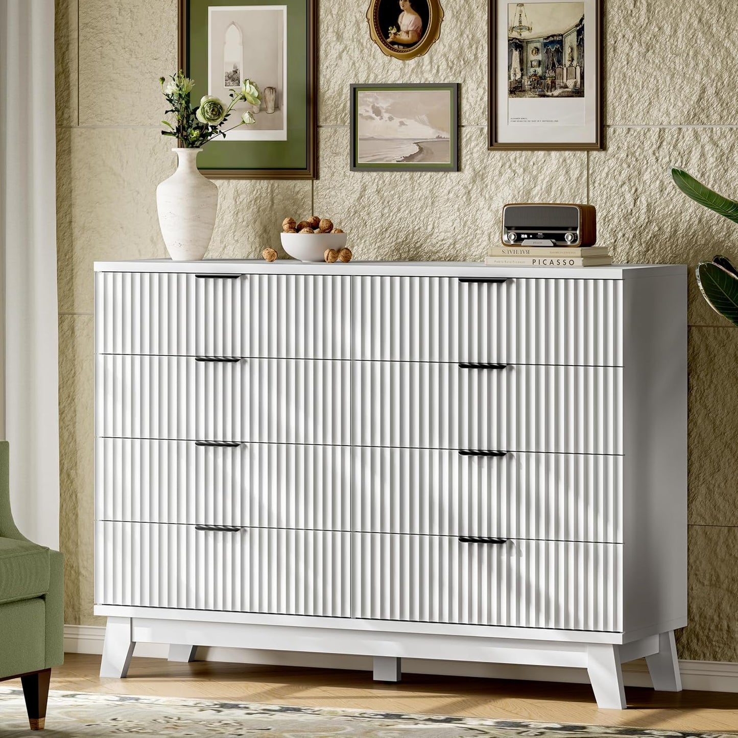 Fluted Dresser with 8 Drawers, 54" Wide Modern Chest of Drawers with Metal Handle, Wooden Dresser TV Stand, Wood Closet Clothes Storage Organizer for Bedroom, Living Room, Hallway, Solid White