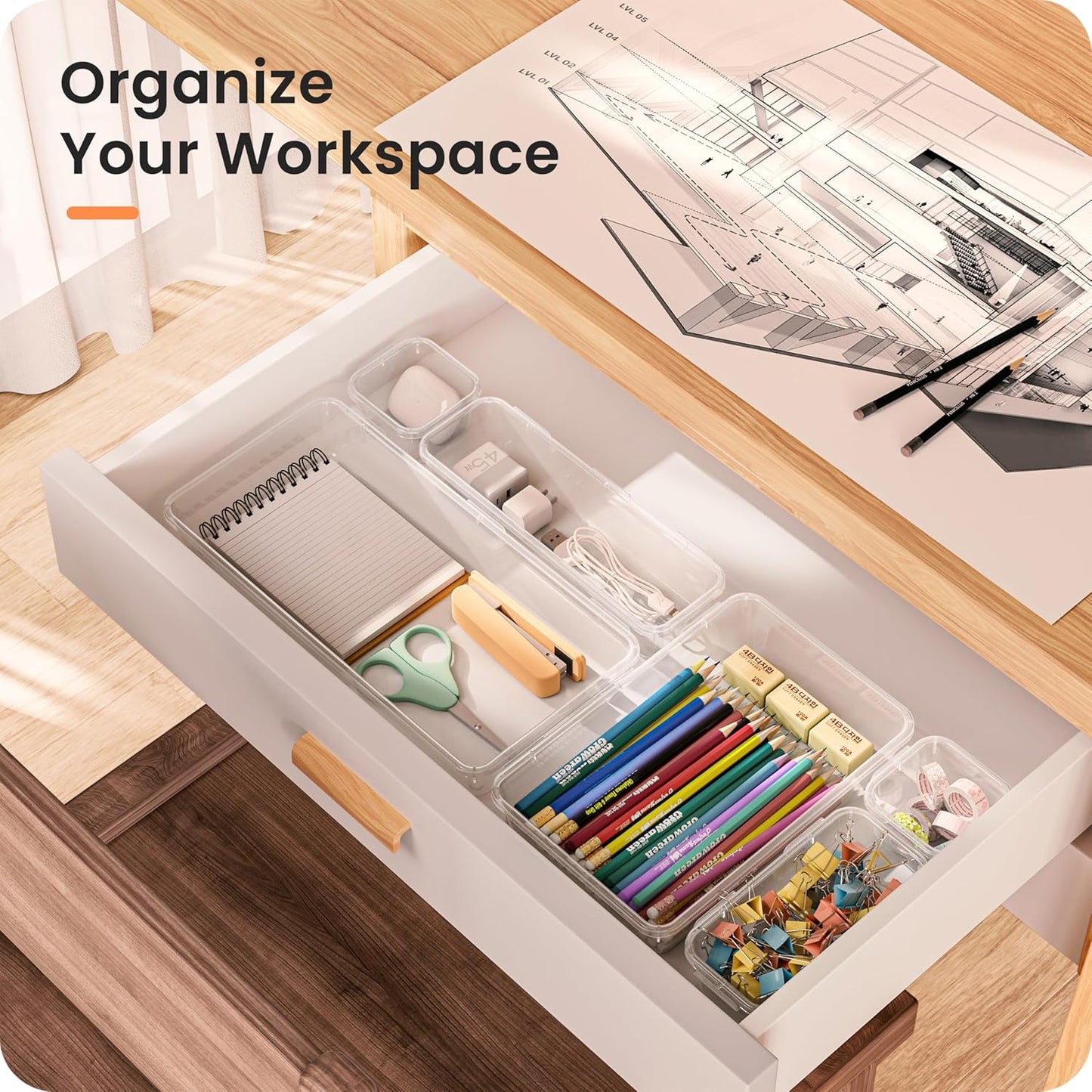 A-LuGei 【Military Grade】 Drawer Organizer, 【𝟱𝗦𝗶𝘇𝗲】 Clear Makeup organizer, 【Holds 177 Items】 Bathroom Organizers and Storage, Plastic Desk Organizer Divider, Organizer Bins for Office Vanity