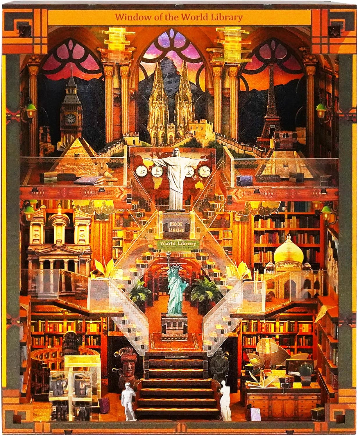 Book Nook Kits for Adults – The World Library Booknook – 3D Wooden Puzzle with LED Lights – Creative Bookshelf Insert & Educational Gift for Book Lovers & DIY Enthusiasts