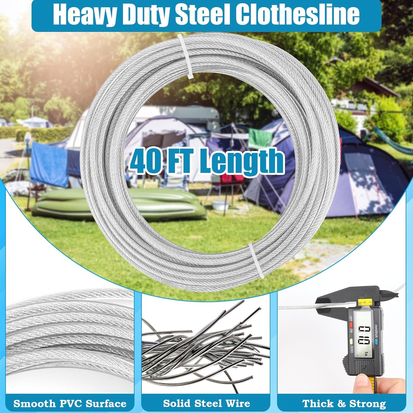 20FT/ 40FT Retractable Travel Clothesline, Adjustable Outdoor Clothesline Drying Clothes Line Laundry for Travel Camping, with Ratchet Pulley/ 2 Screws/ 2 Buckles (Black+Silver, 236, Inches)