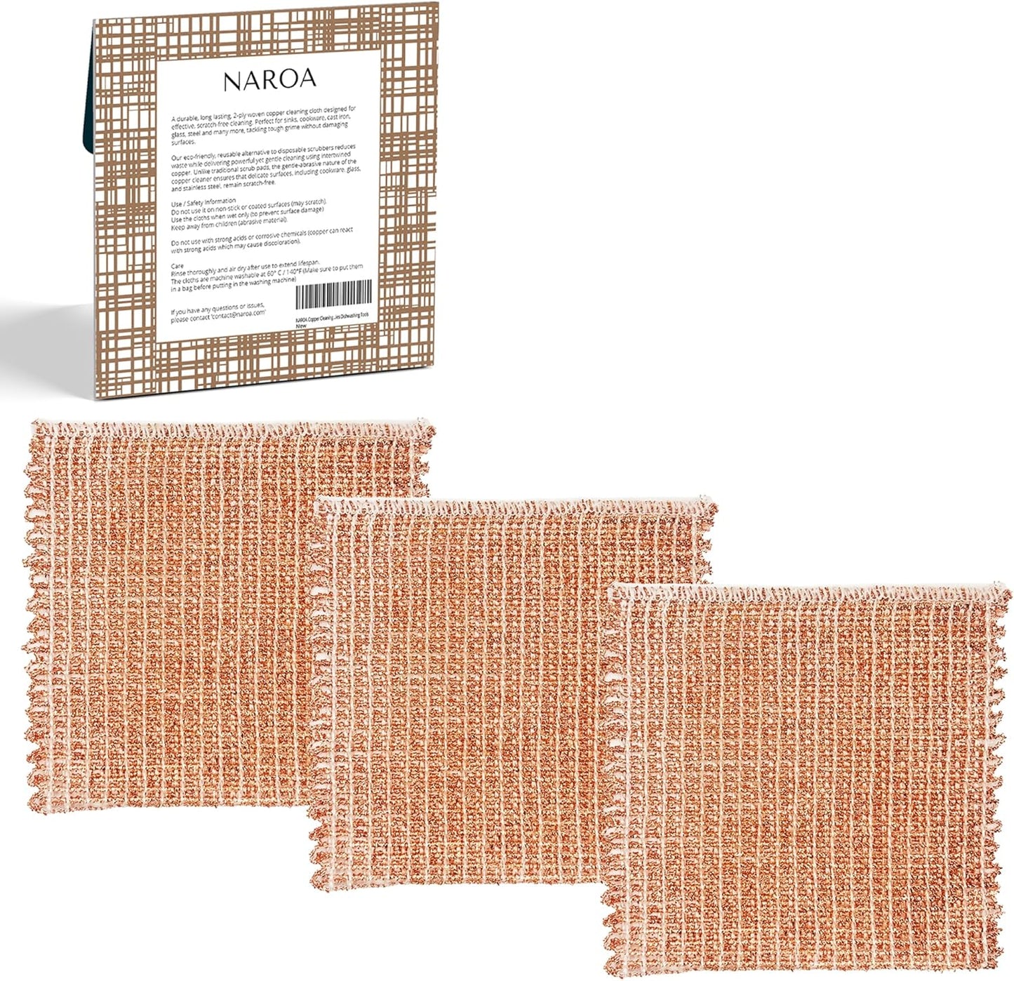 Naroa Copper Scrubbing Pads 3 Pack | 2-Ply Non-Abrasive Metal Mesh Scrubber | Reusable Copper Cleaning Cloth for Stainless Steel, Pots, Pans, Cast Iron | Kitchen Supplies Dishwashing Tools