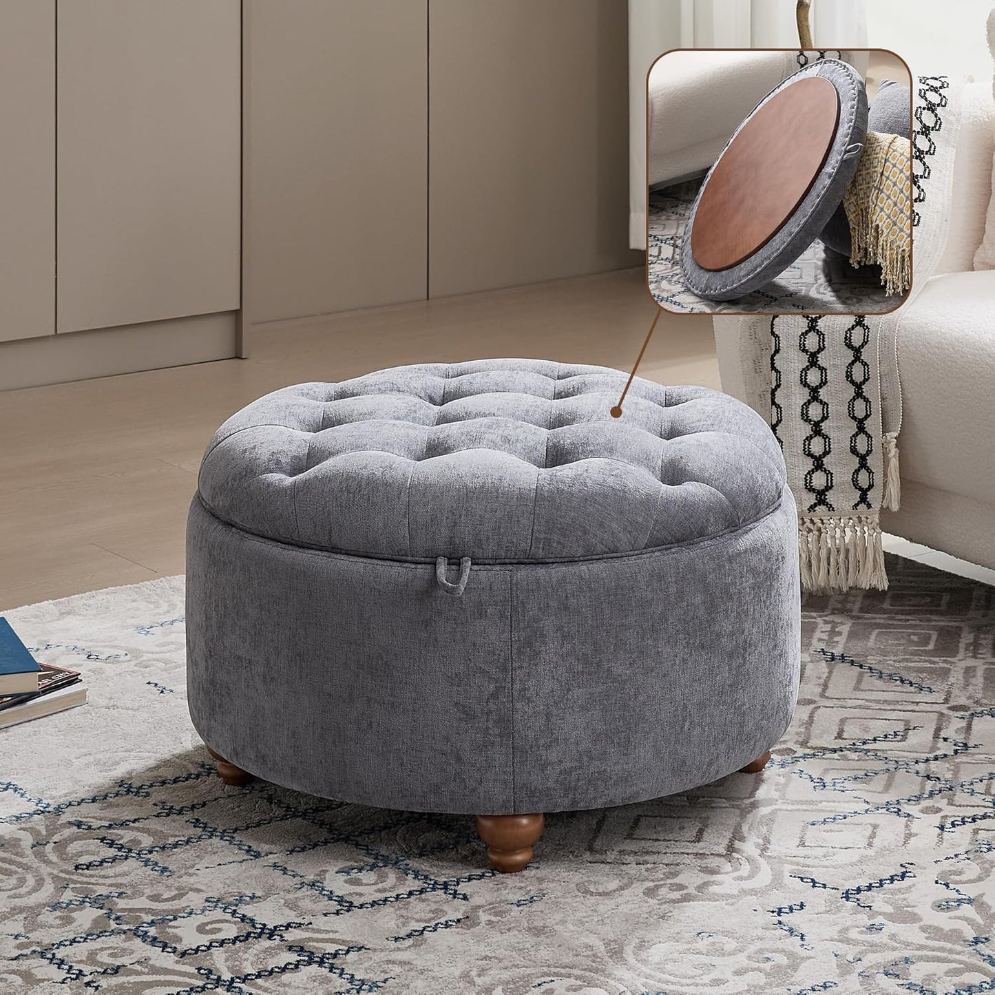 30Inch Round Storage Ottoman with Tray, Modern Tufted Circle Coffee Table with Storage, Upholstered Ottoman with Removable Top for Living Room, Bedroom, Chenille Blue