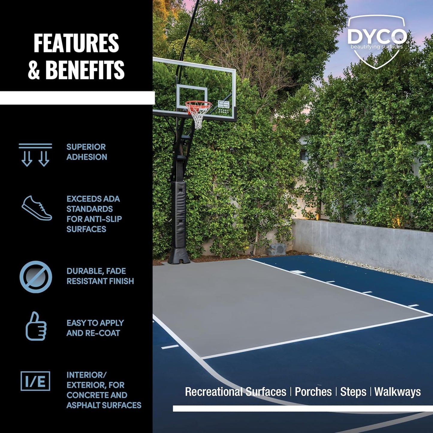 DYCO Court & Floor Anti-Slip Coating - Slip-Resistant Pavement, Cement & Concrete Paint for Pickleball, Tennis & Basketball Courts, Exceeds ADA Standards for Safety Areas (Space Blue, 5 Gallons)