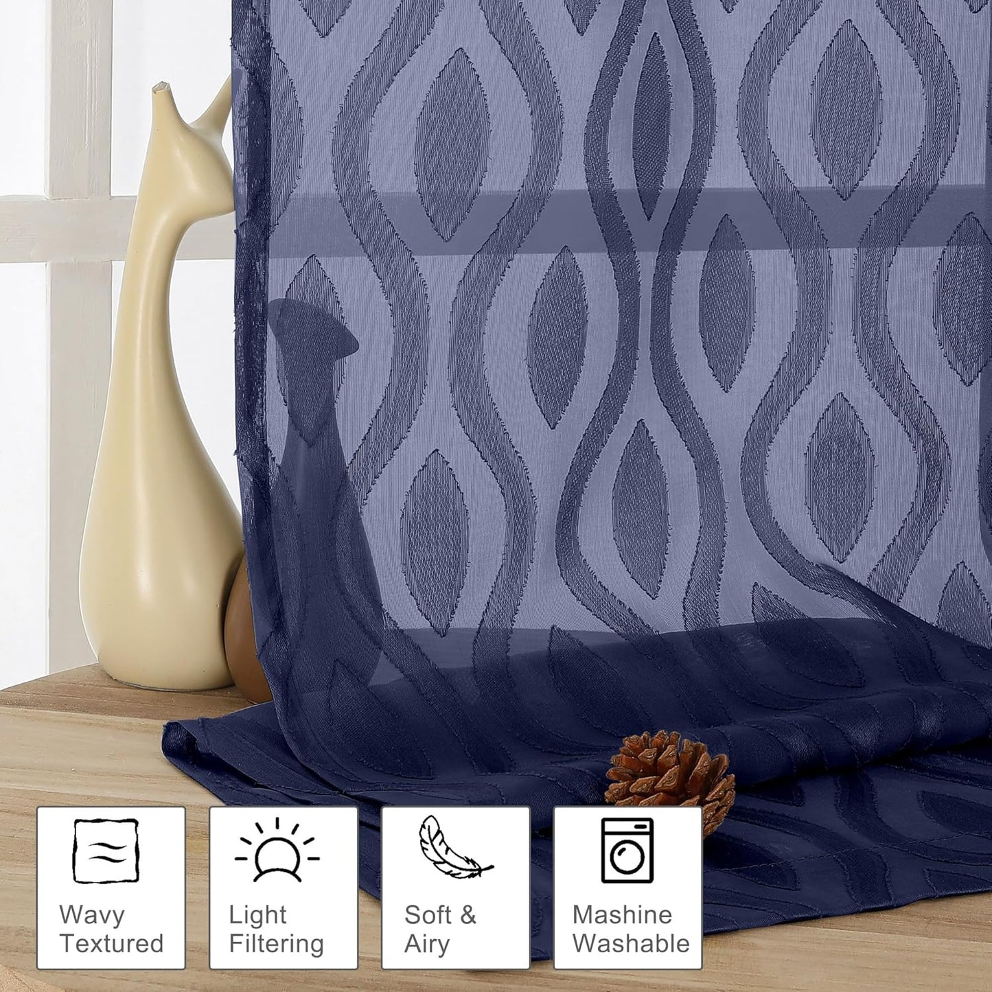 Aiyufeng Blue Sheer Curtains 54 Inch Length 2 Panels, Soft Lightweight Clip Jacquard Textured Sheer Curtain Panels, Modern Wavy Line Voile Sheer Curtains for Bedroom Living Room, 40" Wx54 L Inches