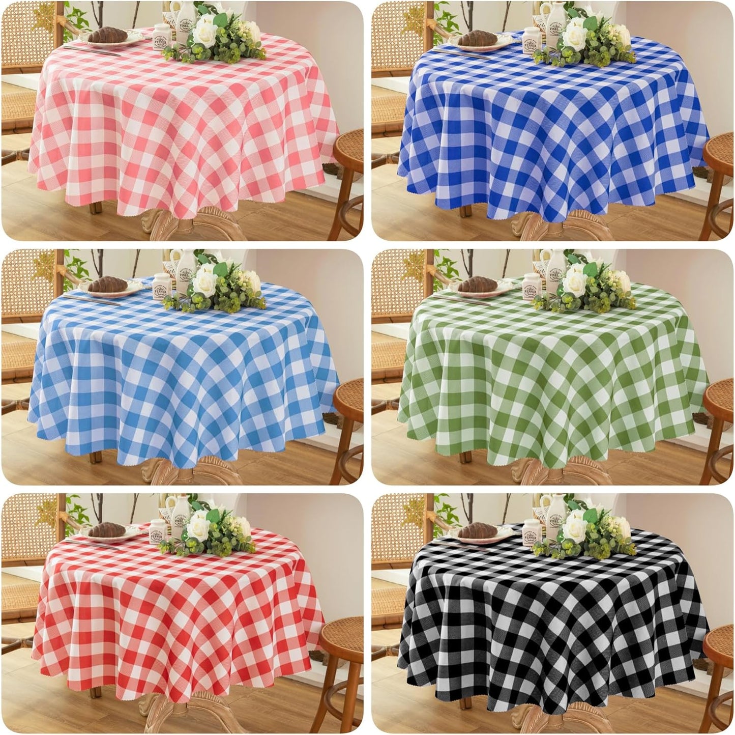 Waterproof Plaid Tablecloth Fabric - Round 70 Inch Classic Gingham Checker Table Cloth for Indoor/Outdoor Use - Buffalo Table Cover for Picnics, BBQs, and Parties