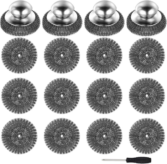 4 Pcs Steel Wool Scrubber with Handle Heavy Duty Metal Pot Scrubber Brush 16 Pcs Stainless Wool for Cleaning Dishes Pans Steel Scouring Pad for Kitchen Cast Iron Sink Griddles Grills