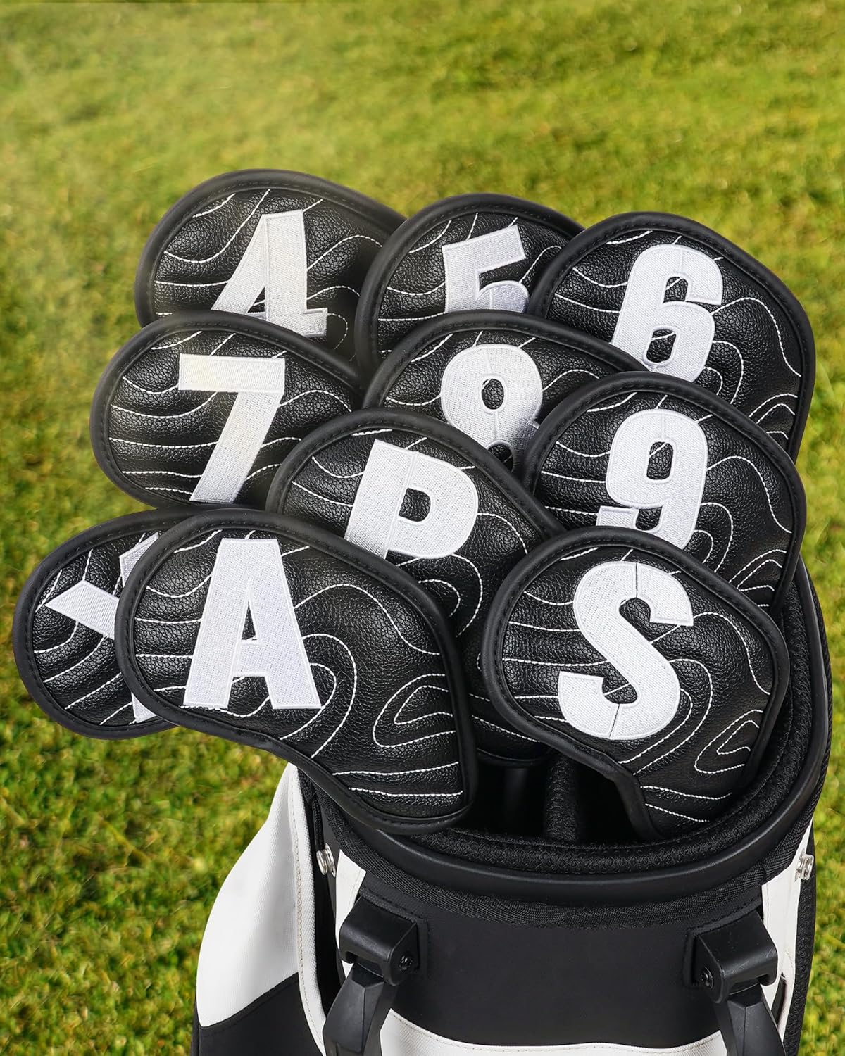 Big Teeth Golf Club Covers Full Set Driver Headcover Fairway Wood Hybrid Golf Club Iron Head Covers, Topographic Edition Putter Cover Leather Golf Head Covers Pure Black, Gifts for Men