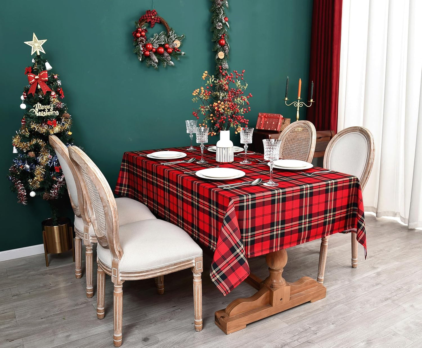 Red GinghamTartan Christmas Plaid Tablecloth - Rectangular 58x102 Inch Water Resistant Table Cloth for Indoor/Outdoor Use - Holiday Table Cover for Kitchen, Picnics, and Parties