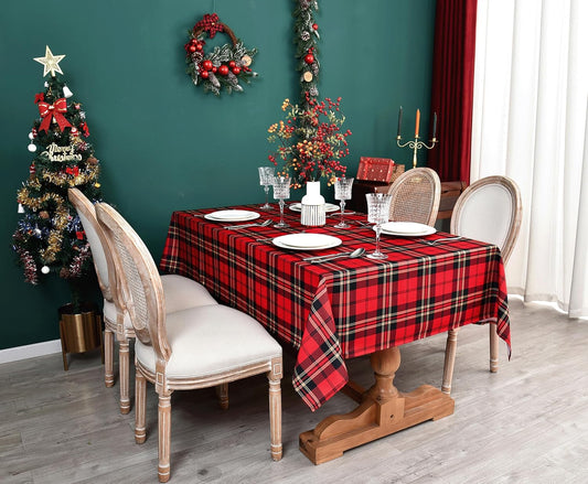 Waterproof Tartan Checkered Tablecloth Fabric - Rectangle 58x84 Inch Christmas Plaid Table Cloth for Indoor/Outdoor Use - Xmas Table Cover for Kitchen, BBQs, and Parties
