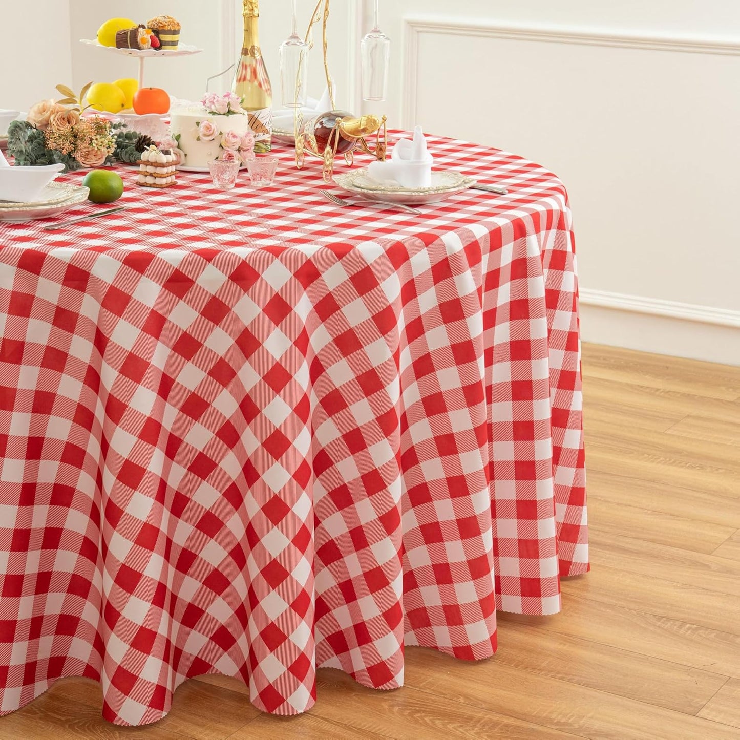 Waterproof Plaid Tablecloth Fabric - Round 120 Inch Classic Gingham Checker Table Cloth for Indoor/Outdoor Use - Buffalo Table Cover for Picnics, BBQs, and Parties