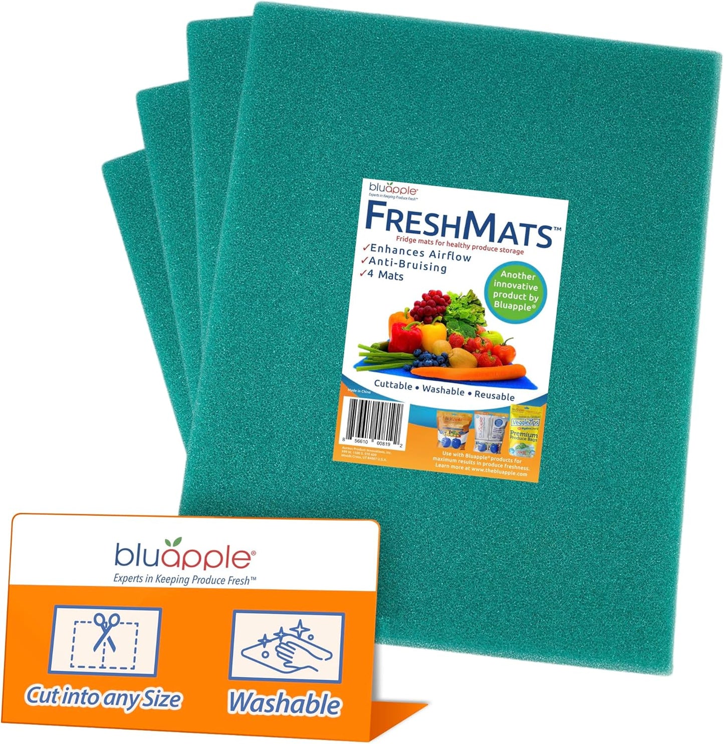 Bluapple FreshMats, Refrigerator Bin Liner, Fridge Drawer Mats, Crisper Life Extender Liner Keeps Produce Fresh Longer, Anti-Bruising, Helps Air Circulation, Washable & Reusable (4-Mats, 12x15, Teal)