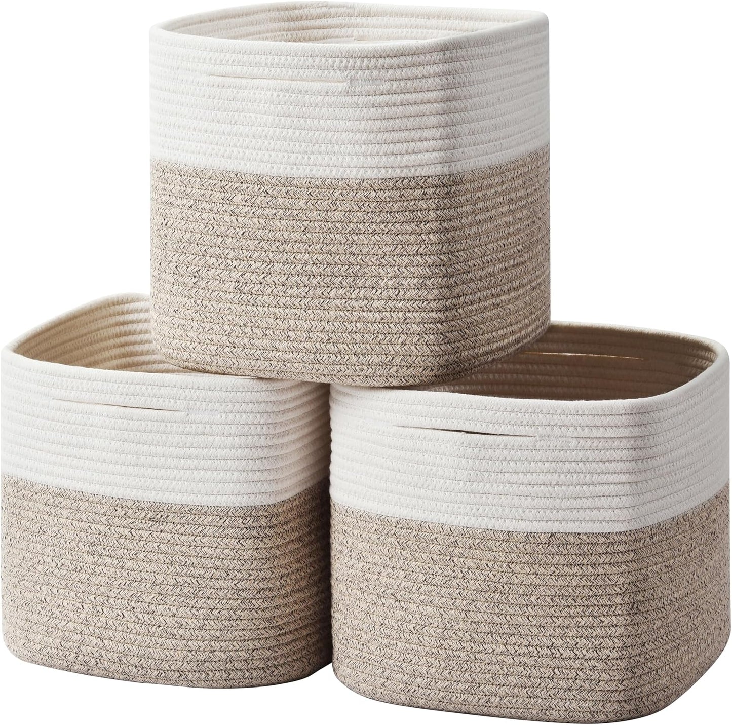 3 Pack Storage Cubes 11 Inch Cotton Rope Woven Baskets for Organizing Cube Bin Square Shelves Organizer,Classroom,Kids Toy Bins,Closet,Baby Nursery(Brown)